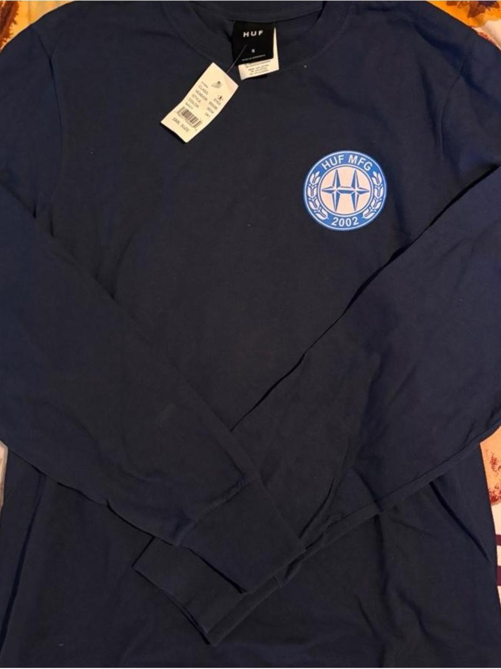 HUF Navy Crewneck Tee with Small Blue Logo